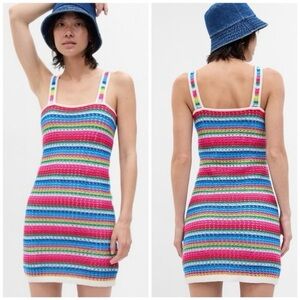 GAP Rainbow Multi Color Stripe Crochet Mini Dress Sleeveless Size Medium NEW
